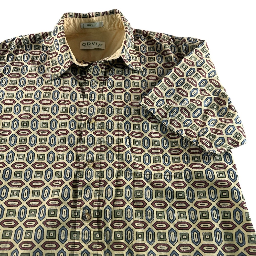 Orvis Shirt Mens Large Geometric Aztec Blue Red Tan Tile Button Up Short Sleeve